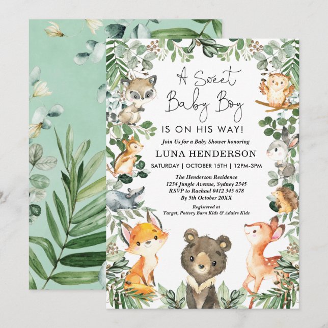 Sweet Baby Boy Woodland Forest Animals Baby Shower Invitation (Front/Back)