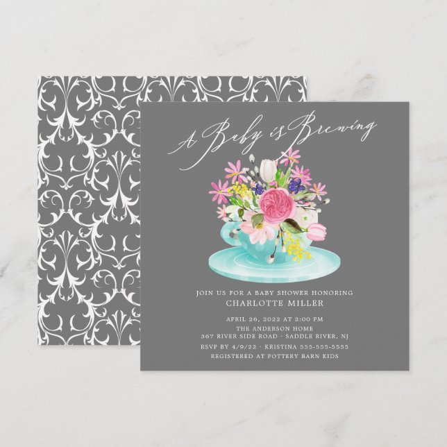 Sweet Baby Brewing Floral Baby Tea Invitation (Front/Back)