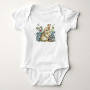 Sweet Baby Bunny with Blue Purple Flowers  Bodysuit