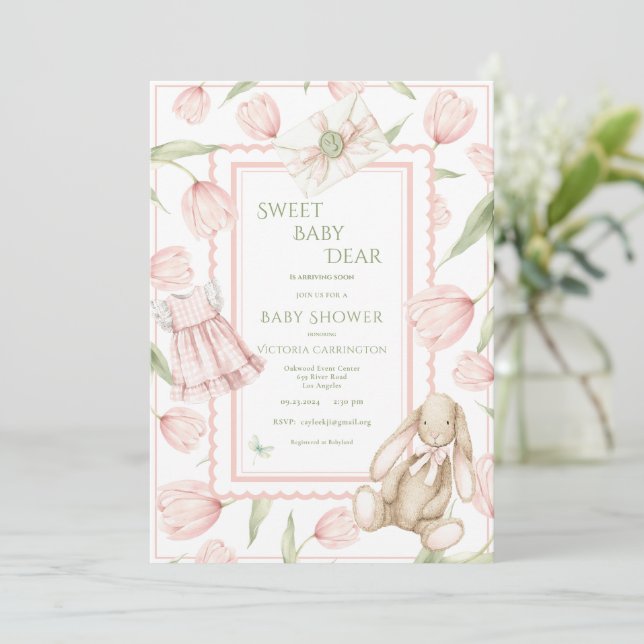 Sweet Baby Dear Tulips Pink Baby Shower  Invitation (Standing Front)