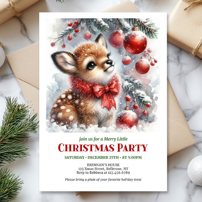 Sweet baby deer watercolor Christmas invite digita (Sweet baby deer watercolor Christmas invite editable template)