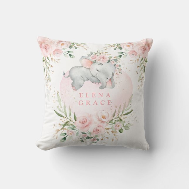 Sweet Baby Elephant Blush Pink Floral Greenery Cushion (Front)