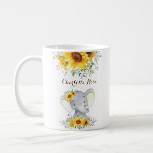 Sweet Baby Elephant Boho Watercolor Sunflowers Coffee Mug