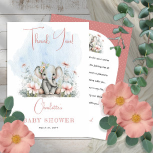 Sweet Baby Elephant Girl Floral Pink Baby Shower  Thank You Card