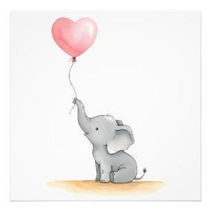 Sweet Baby Elephant with Pink Heart Balloon  Photo Print