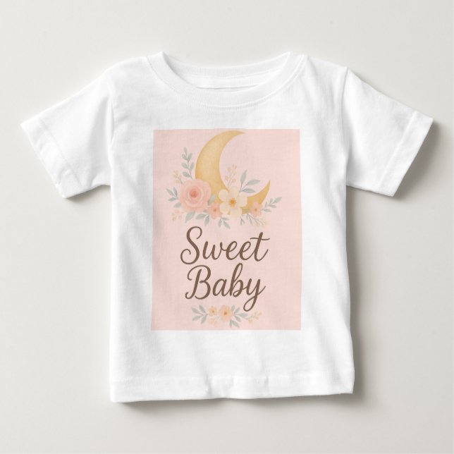 Sweet Baby Floral Moon Design – Gentle Pastel Nurs Baby T-Shirt (Front)