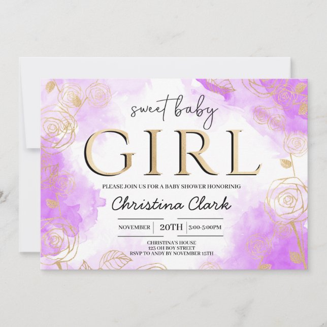 Sweet Baby Girl Baby Shower Purple Gold Elegant Invitation (Front)