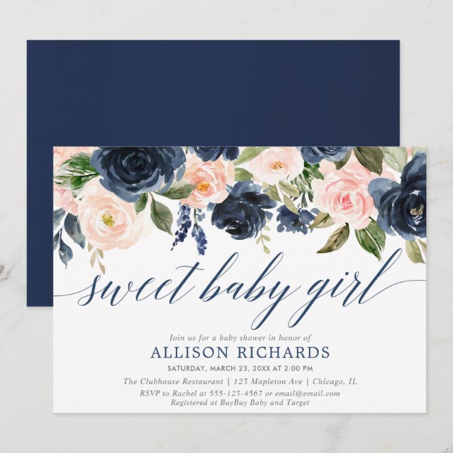 Sweet baby girl blush and navy girl baby shower invitation (Front/Back)