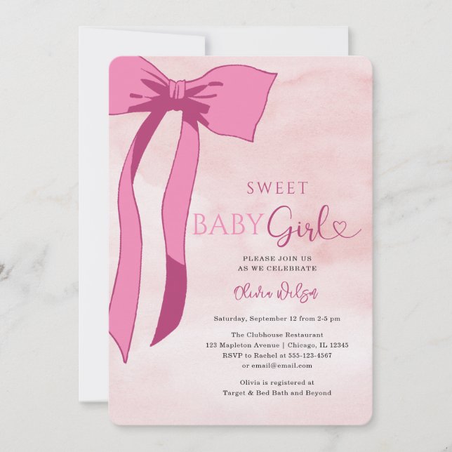 Sweet Baby Girl Blush Pink Bow Baby Shower  Invitation (Front)