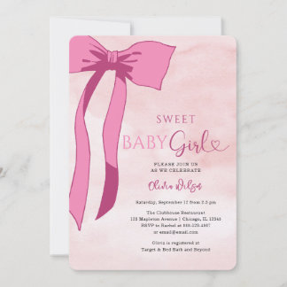 Sweet Baby Girl Blush Pink Bow Baby Shower  Invitation