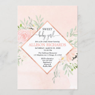 Sweet Baby Girl Blush pink rose gold floral Invitation
