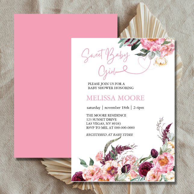 Sweet baby girl boho burgundy pink blush floral invitation (Creator Uploaded)
