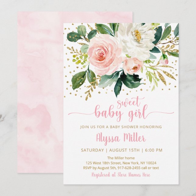 Sweet Baby Girl Boho Floral Pink Gold Baby Shower Invitation (Front/Back)