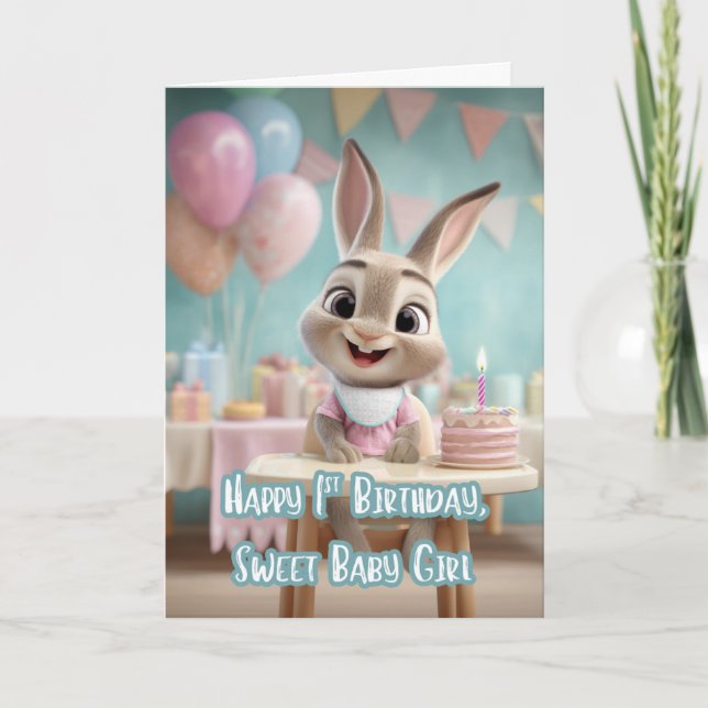 Sweet Baby Girl Bunny 1st Birthday Party Card (Front)