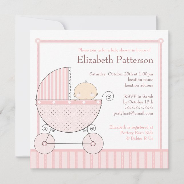 Sweet Baby Girl Carriage Baby Shower in Pink Invitation (Front)