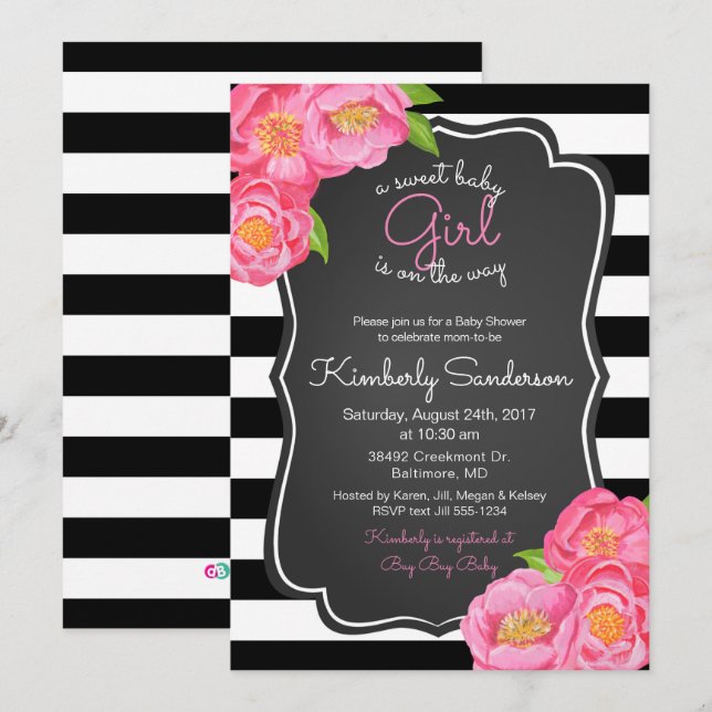Sweet Baby Girl Chalk Floral Shower Invitation (Front/Back)
