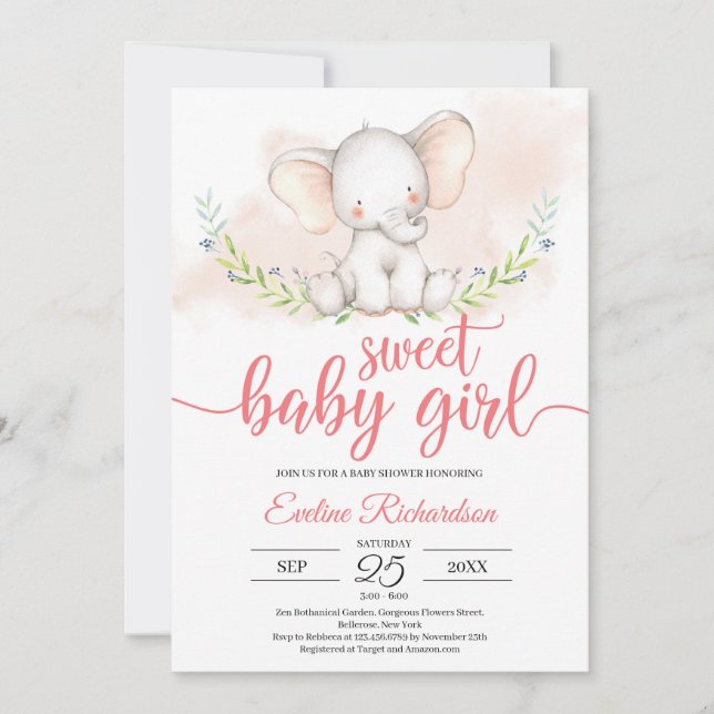 Sweet baby girl elephant and greenery baby shower invitation (Front)