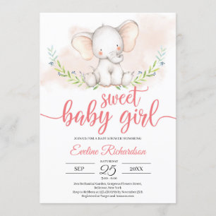 Sweet baby girl elephant and greenery baby shower invitation
