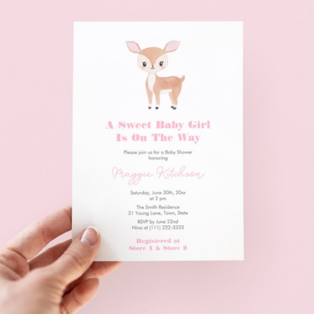 Sweet Baby Girl Fawn Baby Shower Party Invitation (Sweet Baby Girl Woodland Baby Shower Invitation With Watercolor Fawn And Pink White Buffalo Check)