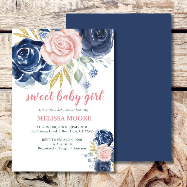 Sweet baby girl floral navy blue pink baby shower invitation (Creator Uploaded)