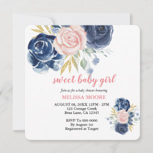 Sweet baby girl floral navy blue pink watercolor invitation