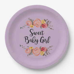 Sweet Baby Girl Flower Painting Purple Paper Plate