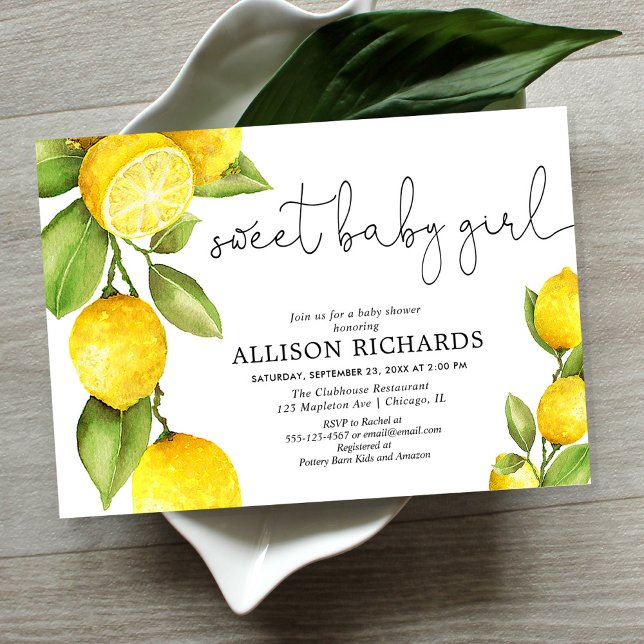 Sweet baby girl lemon watercolor girl baby shower invitation (Creator Uploaded)