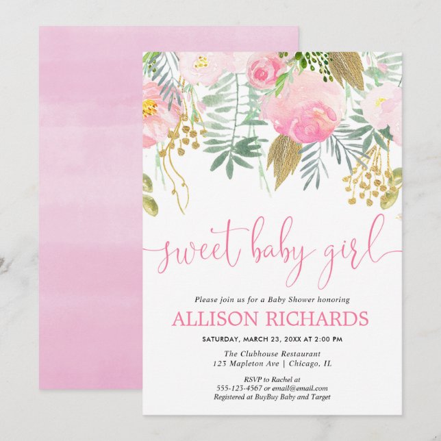 Sweet baby girl pink and gold florals baby shower invitation (Front/Back)