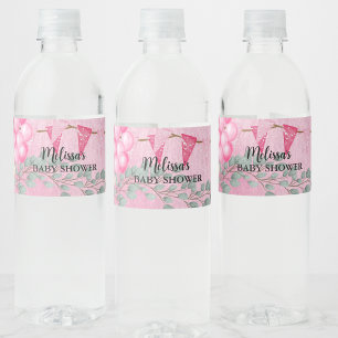 Sweet Baby Girl Pink Balloon Eucalyptus Custom Water Bottle Label