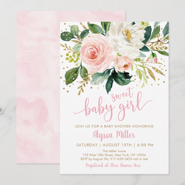 Sweet Baby Girl Pink Floral Baby Shower Invitation (Front/Back)