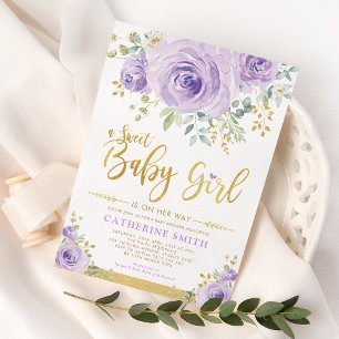 Sweet Baby Girl Purple Gold Floral Greenery Shower Invitation