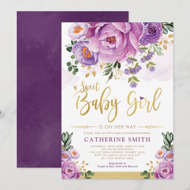 Sweet Baby Girl Purple Gold Peonies Baby Shower Invitation (Front/Back)