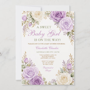 Sweet Baby Girl Purple Roses Baby Shower Floral Invitation