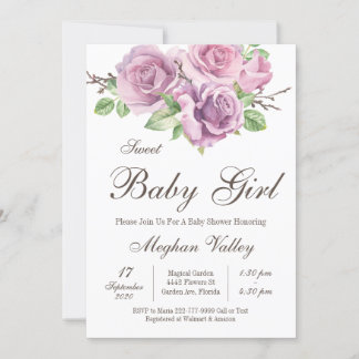 Sweet Baby Girl Shower Invitations, Purple Flowers Invitation