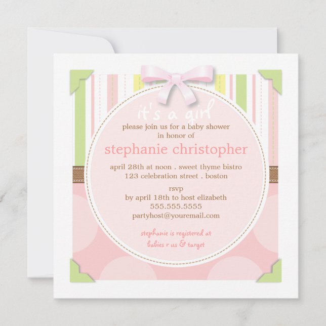 Sweet Baby Girl Stripes & Polka Dot Baby Shower Invitation (Front)