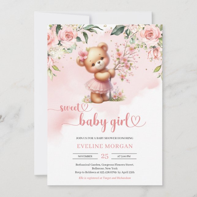Sweet baby girl teddy bear blush spring flowers invitation (Front)