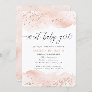 Sweet baby girl watercolor rose gold blush pink invitation