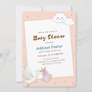 Sweet Baby Girl Watercolor Stork Baby Shower Invitation