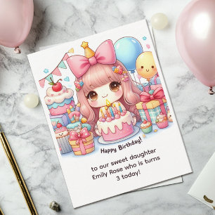 Sweet Baby Girl with Bow Kawaii Style Birthday Card