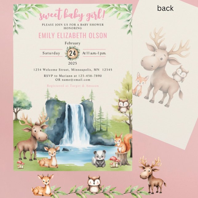 Sweet Baby Girl Woodland Animals Waterfall Shower Invitation (Creator Uploaded)