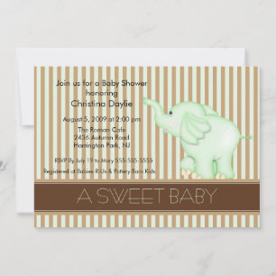 Sweet Baby Green & Brown Elephant Baby Shower Invitation