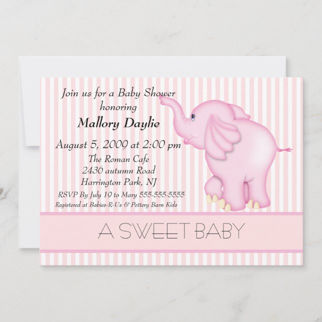 Sweet Baby Light Pink Elephant Baby Shower Invitation (Front)