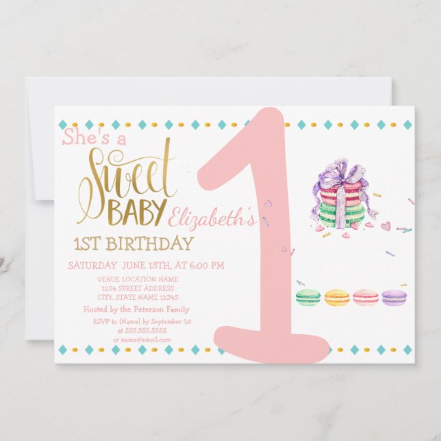 Sweet Baby Macarons Striped Birthday Invitation (Front)