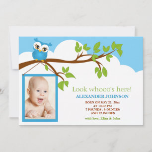 Sweet Baby Owl Boy Photo Birth Announcement
