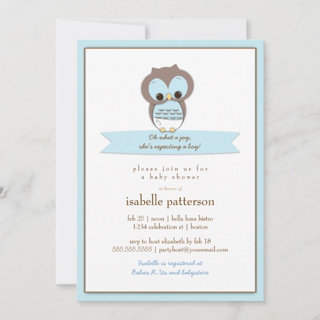 Sweet Baby Owl It's a Boy Baby Shower Invitation (Front)