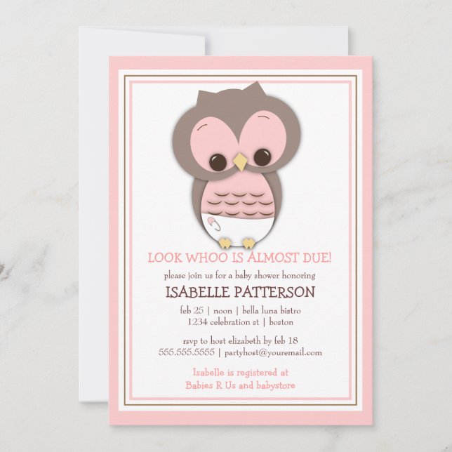 Sweet Baby Owl It's a Girl Baby Shower Invitation (Front)