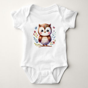 Sweet Baby Owl with Flowers Cute Animal Art Baby Bodysuit