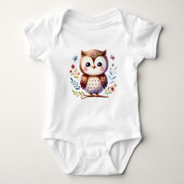 Sweet Baby Owl with Flowers | Cute Animal Art Baby Bodysuit (Front)