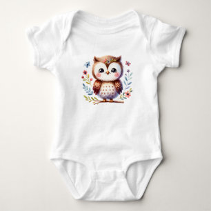 Sweet Baby Owl with Flowers   Cute Animal Art Bodysuit