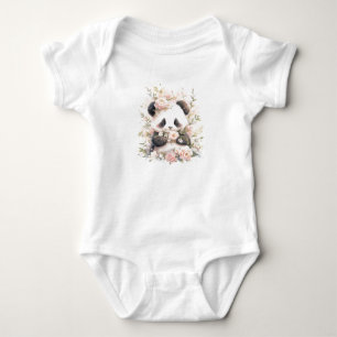 Sweet Baby Panda Bear Cub with Flowers  Bodysuit